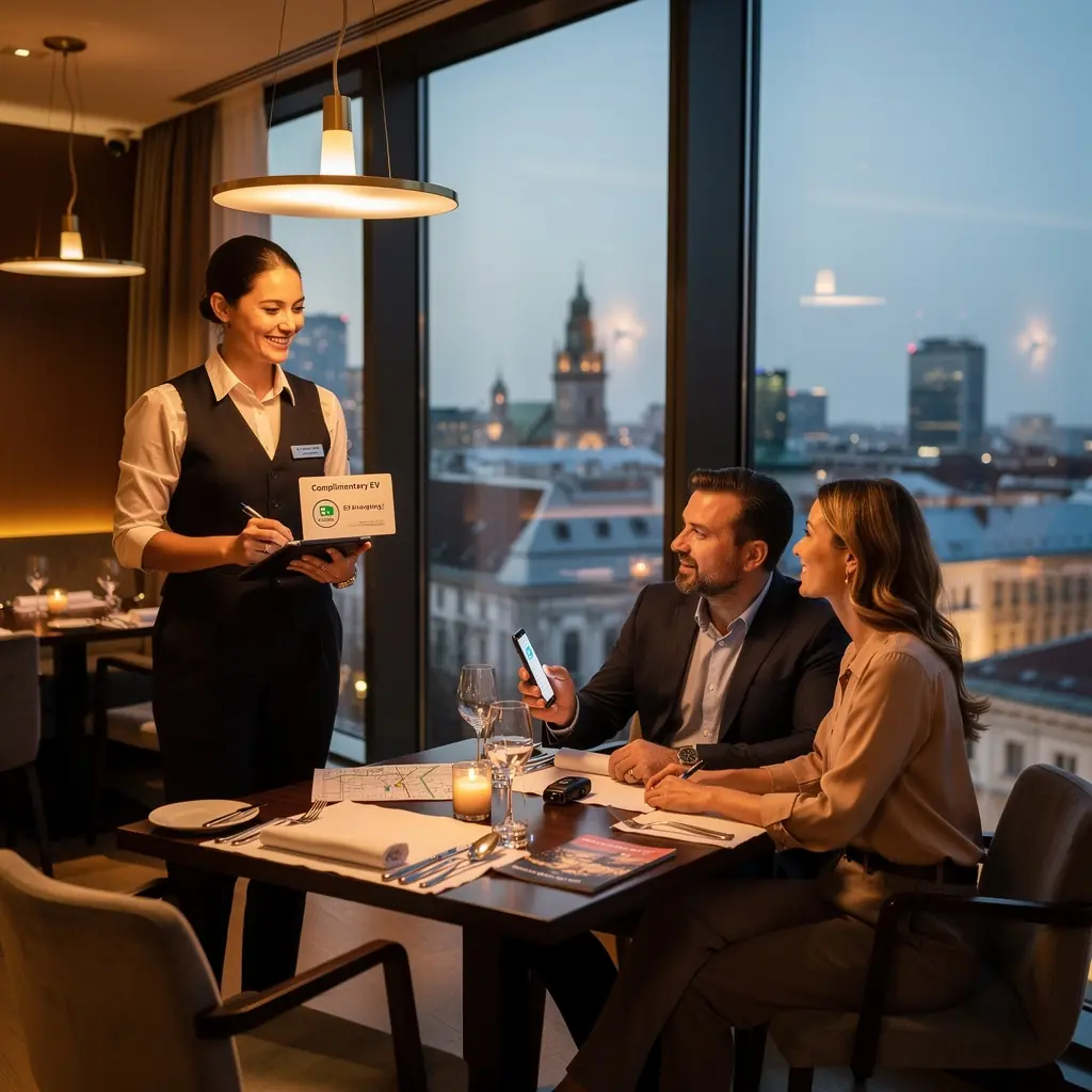 Gäste genießen eine entspannte Wartezeit beim Laden ihrer Elektroautos im Hotelgarten.