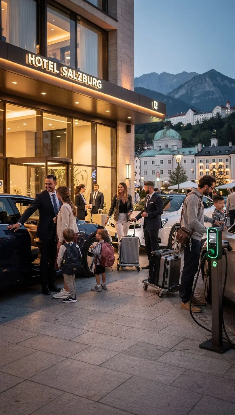 Gäste, die ihre Elektroautos an einer Ladestation im Innenhof des Hotels aufladen.