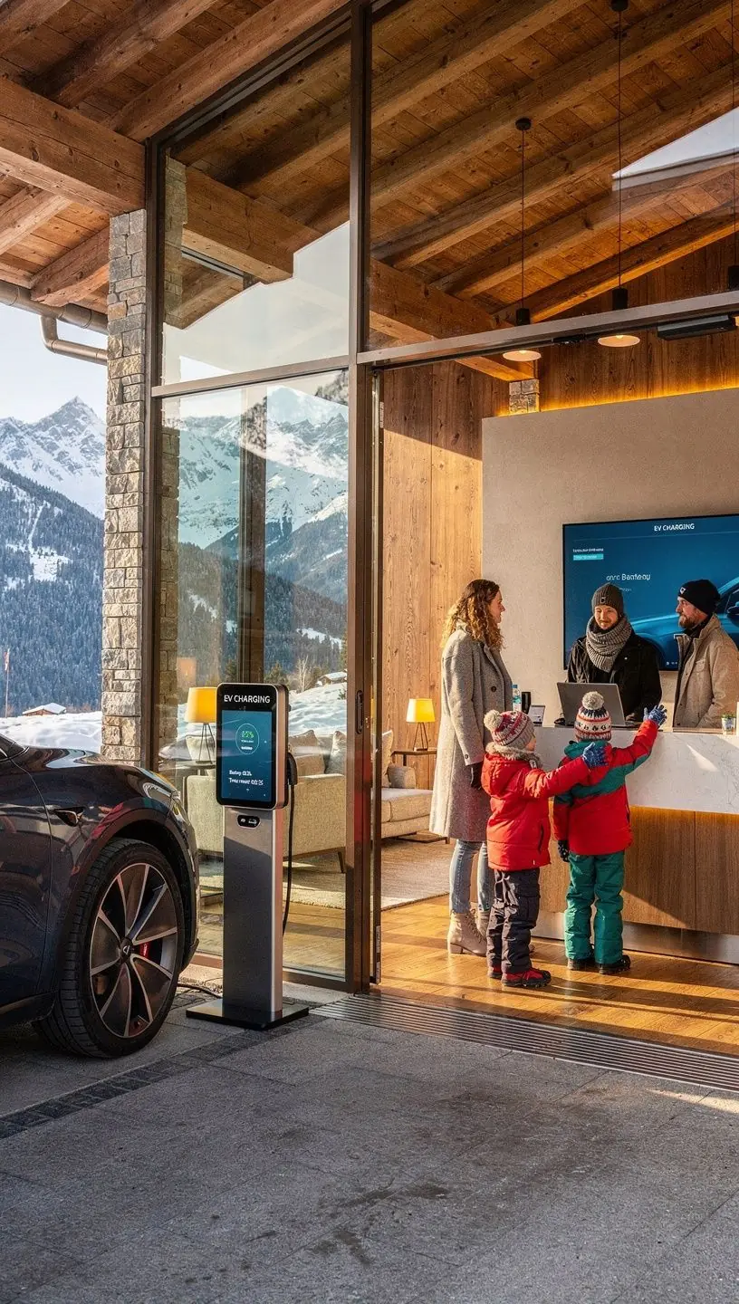 Ladestation für Elektrofahrzeuge vor einem modernen Hotelgebäude in den Alpen.
