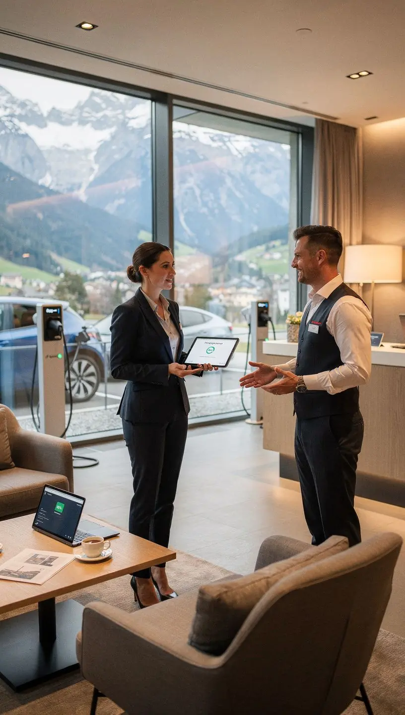 Eine Elektrofahrzeug-Ladestation vor einem modernen Hotel in den Alpen.