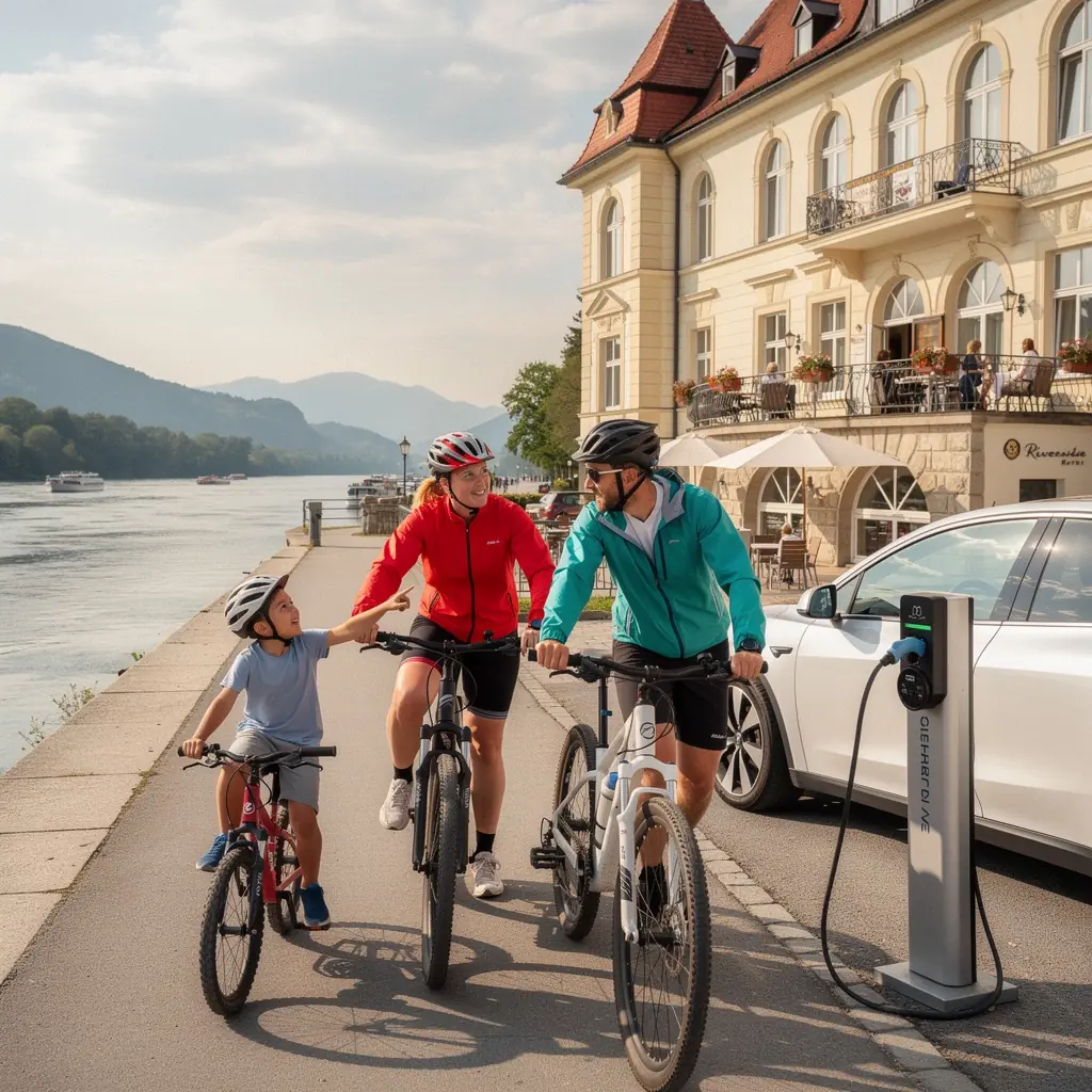 GГ¤ste genieГџen einen entspannenden Aufenthalt, wГ¤hrend ihr Elektroauto aufgeladen wird.