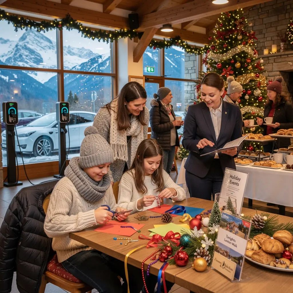 Ein freundlicher Hotelmitarbeiter erklГ¤rt den GГ¤sten die Nutzung der Ladestation.