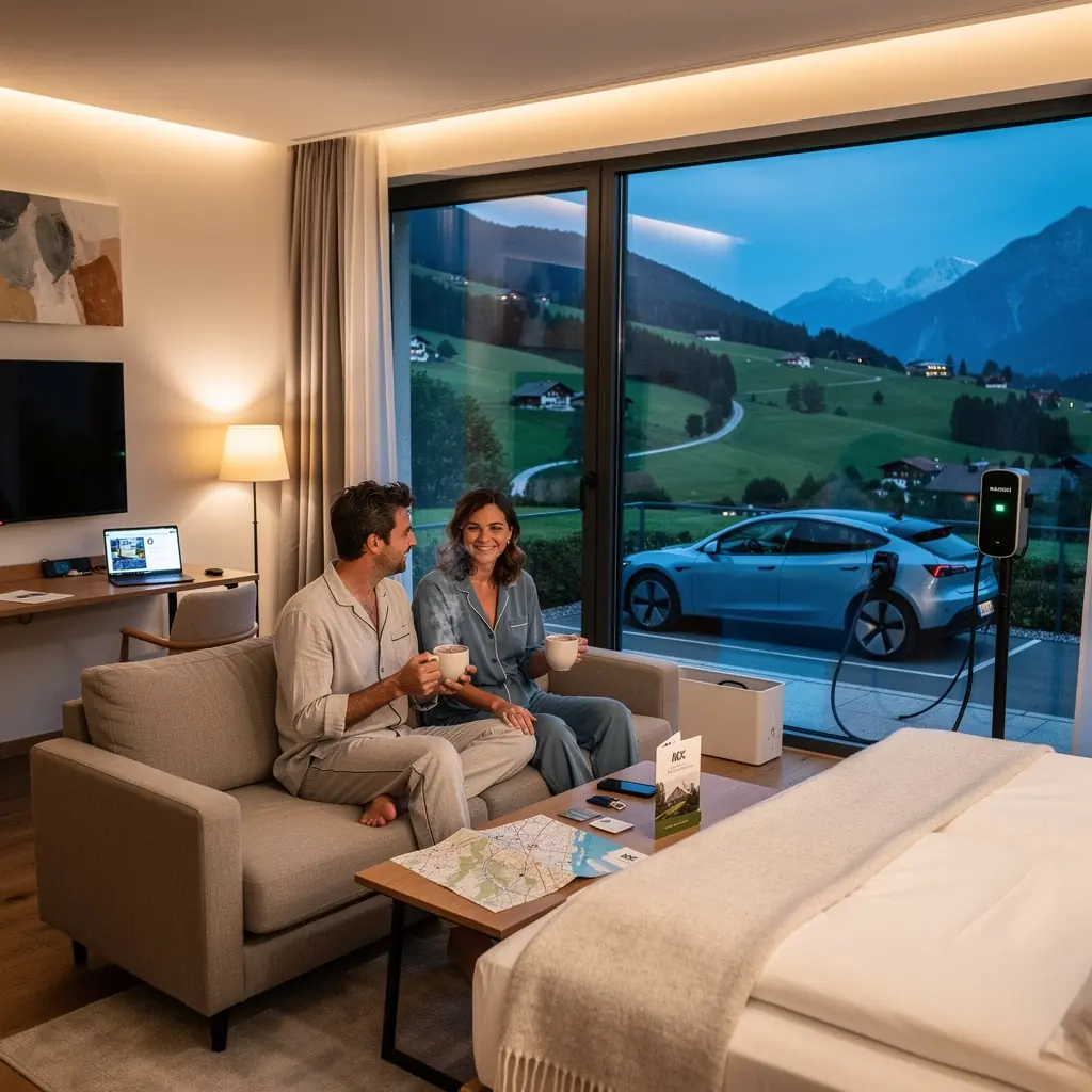 Ein Elektrofahrzeug, das an einer Schnellladestation auf dem Hotelparkplatz angeschlossen ist.