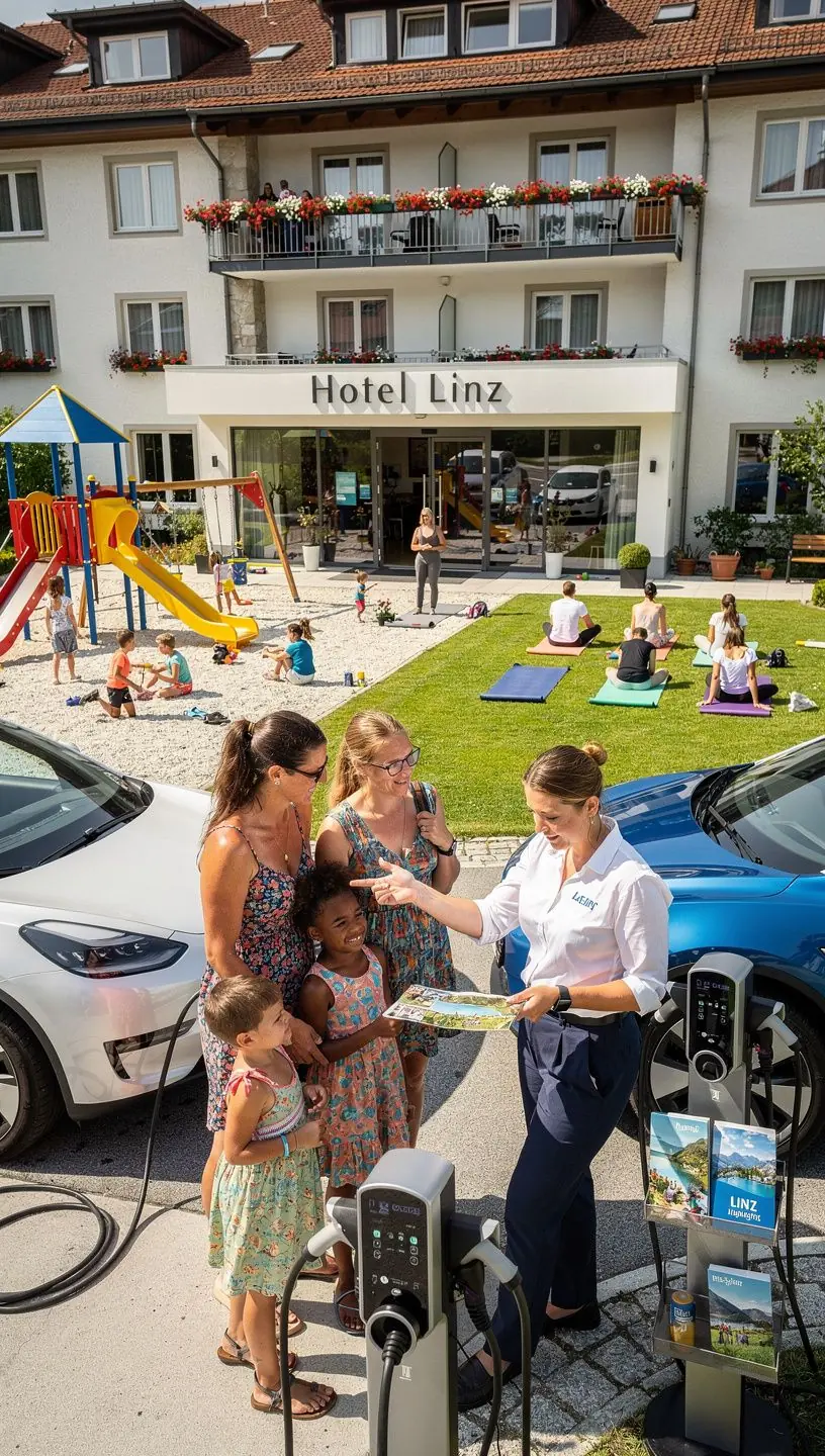 Das Interieur eines Hotels mit einem sichtbaren Bereich für Elektrofahrzeug-Ladestationen.