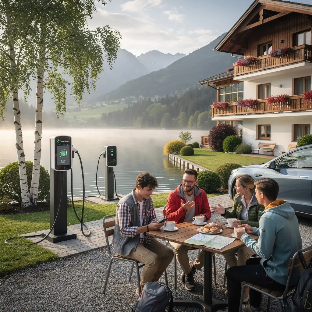 Ein Schild am Eingang eines Hotels, das auf die verfügbaren Lademöglichkeiten hinweist.