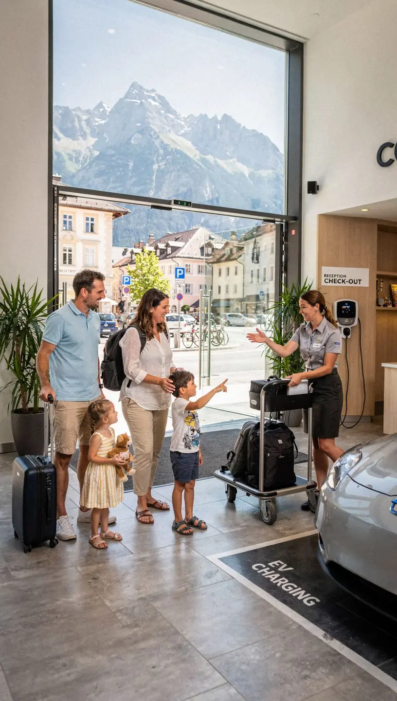 Eine Gruppe von Reisenden plant ihre Route mit einem Elektrofahrzeug, während sie im Hotel verweilen.