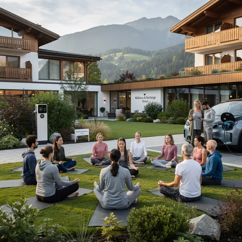 Eine moderne Ladestation fГјr Elektrofahrzeuge vor einem gemГјtlichen Hotel in den Alpen.
