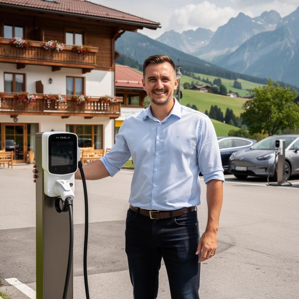 Ein luxuriöses Hotelzimmer mit Blick auf die Ladestation für Elektrofahrzeuge.