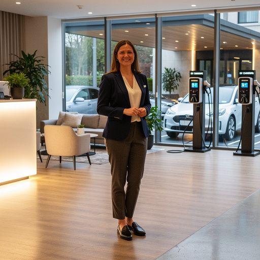 Familie beim Entspannen im Hotelgarten, während ihr Elektroauto aufgeladen wird.